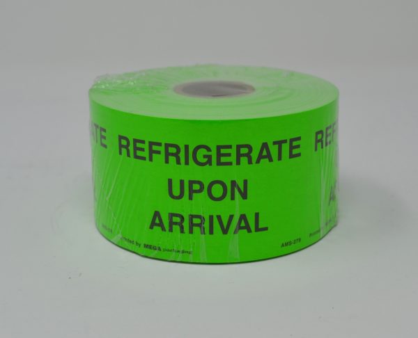 2" X 3" REFRIGERATE UPON ARRIVAL LABEL BLACK PRINT ON FLUORESCENT GREEN